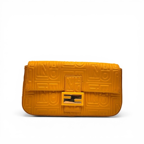 Fendi Handbags - Fendi Yellow Embossed Zucca Leather Baguette Shoulder Bag Silver Hardware
